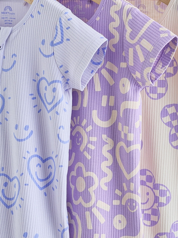 Lilac Purple Two Way Zip Baby Sleepsuits 3 Pack (0mths-3yrs)