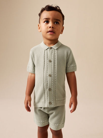 Sage Green Textured Knitted Button Through Polo Shirt and Shorts Set (3mths-10yrs) - Sage Green / 12-18 Months (80-86cm)