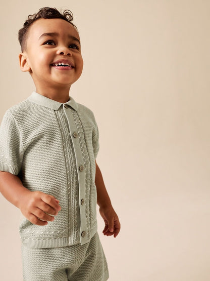 Sage Green Textured Knitted Button Through Polo Shirt and Shorts Set (3mths-10yrs)