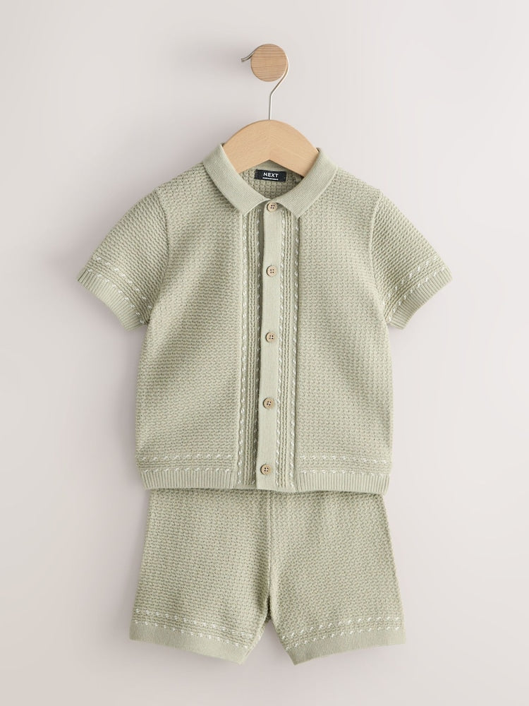 Sage Green Textured Knitted Button Through Polo Shirt and Shorts Set (3mths-10yrs)