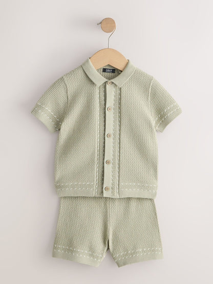 Sage Green Textured Knitted Button Through Polo Shirt and Shorts Set (3mths-10yrs)