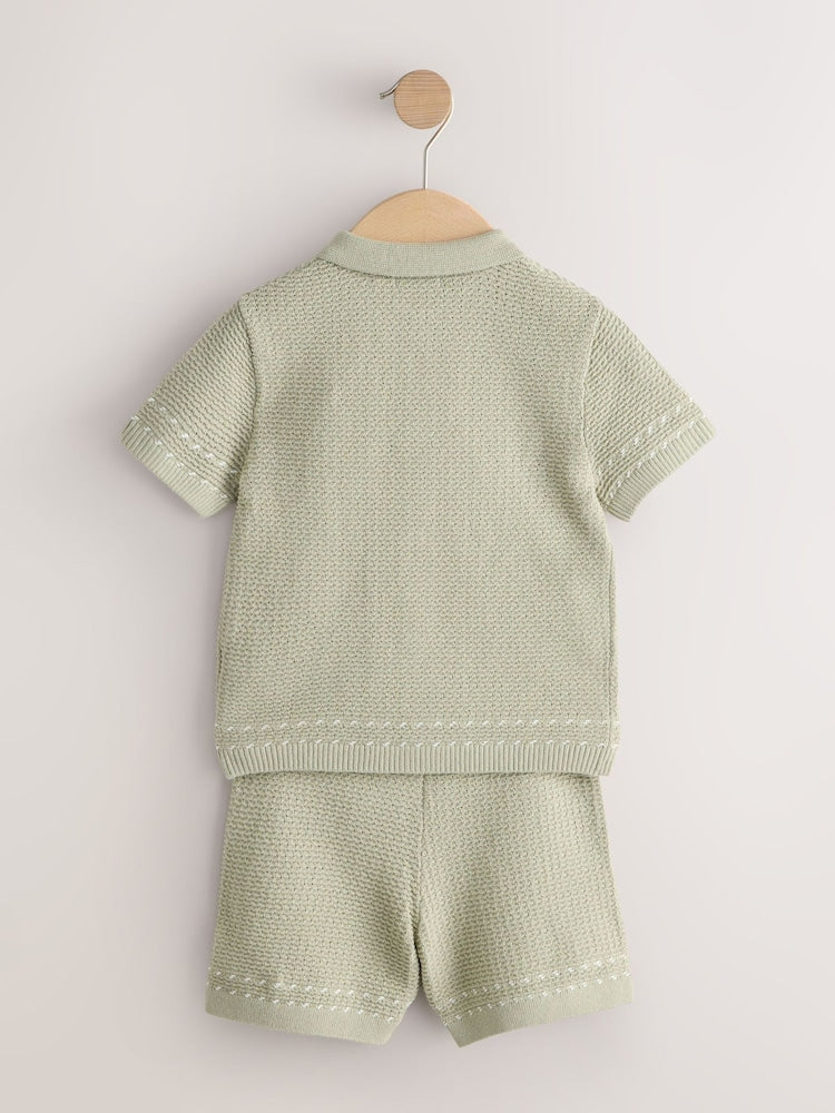 Sage Green Textured Knitted Button Through Polo Shirt and Shorts Set (3mths-10yrs)