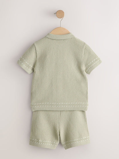 Sage Green Textured Knitted Button Through Polo Shirt and Shorts Set (3mths-10yrs)