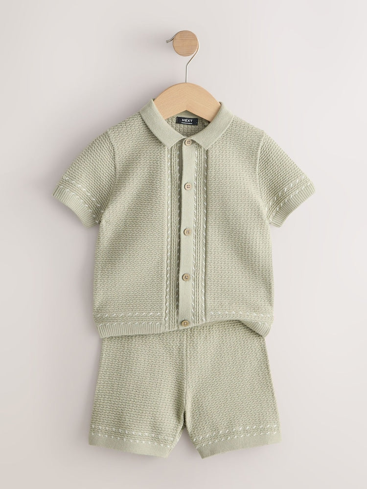 Sage Green Textured Knitted Button Through Polo Shirt and Shorts Set (3mths-10yrs)