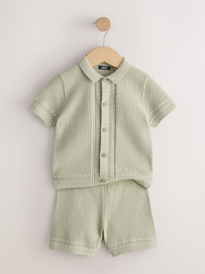 Sage Green Textured Knitted Button Through Polo Shirt and Shorts Set (3mths-10yrs)