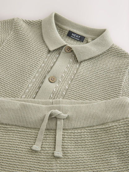 Sage Green Textured Knitted Button Through Polo Shirt and Shorts Set (3mths-10yrs)