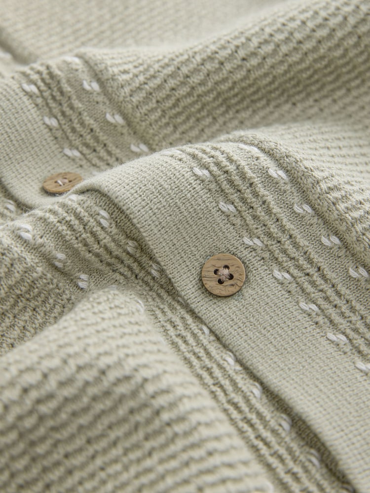 Sage Green Textured Knitted Button Through Polo Shirt and Shorts Set (3mths-10yrs)