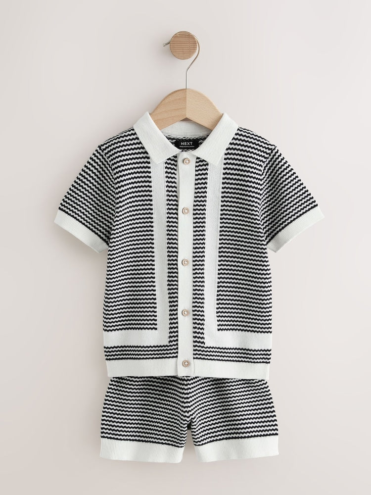 Black/White Knitted Polo Shirt and Shorts Set (3mths-10yrs) - Black/White Knitted Polo / 12-18 Months (80-86cm)