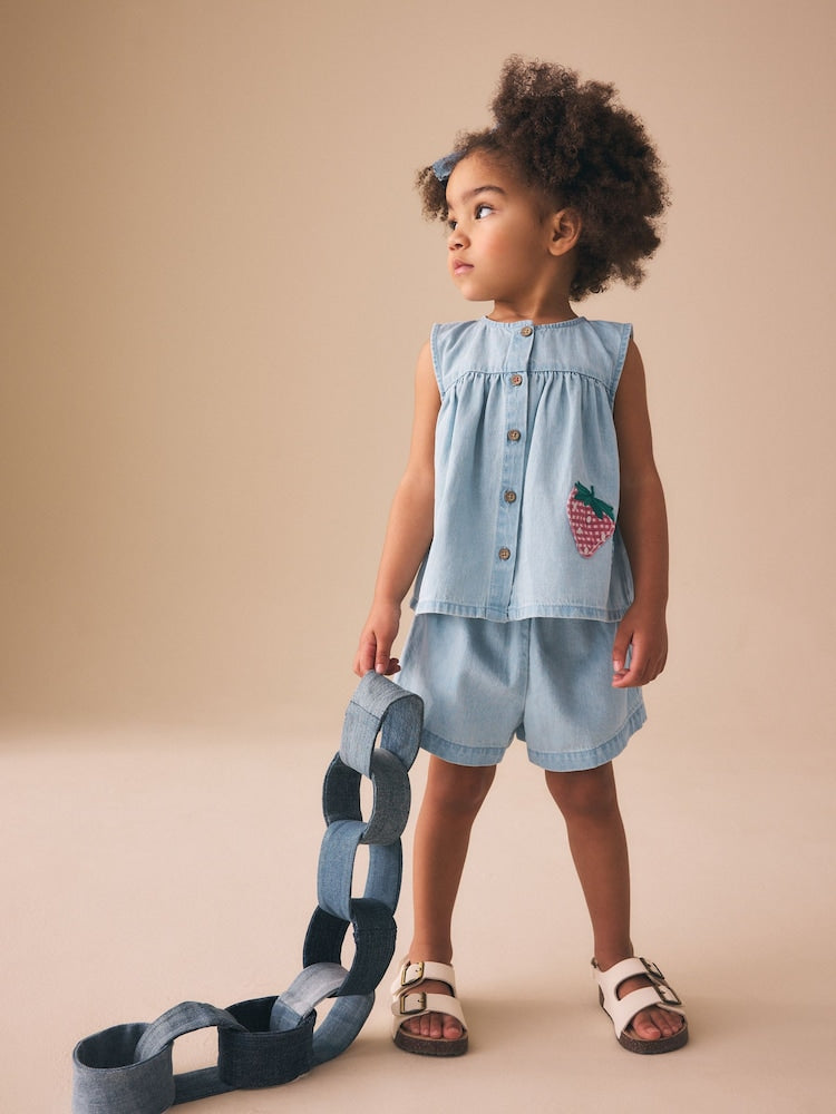 Strawberry Embroidered Denim Blouse And Short Co-ord Set (3mths-8yrs) - Strawberry Embroidered Denim Blouse And / 12-18 Months (80-86cm)