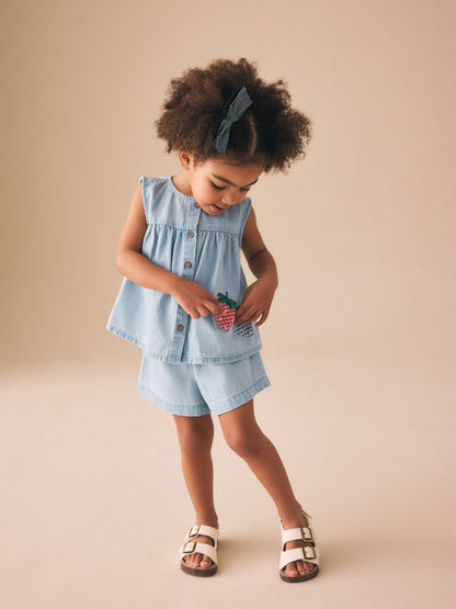 Strawberry Embroidered Denim Blouse And Short Co-ord Set (3mths-8yrs)