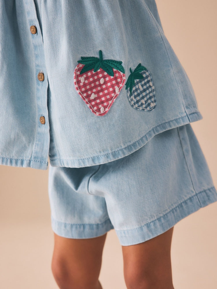 Strawberry Embroidered Denim Blouse And Short Co-ord Set (3mths-8yrs)