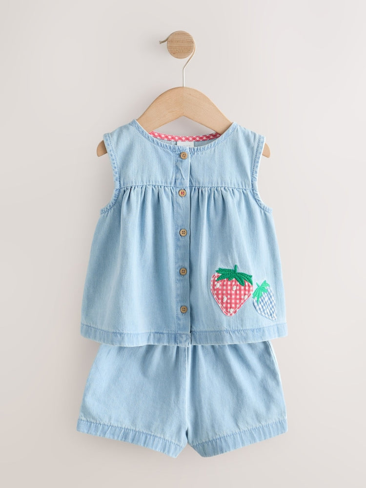 Strawberry Embroidered Denim Blouse And Short Co-ord Set (3mths-8yrs)