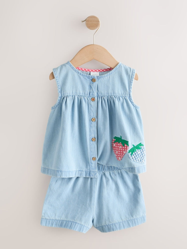 Strawberry Embroidered Denim Blouse And Short Co-ord Set (3mths-8yrs)