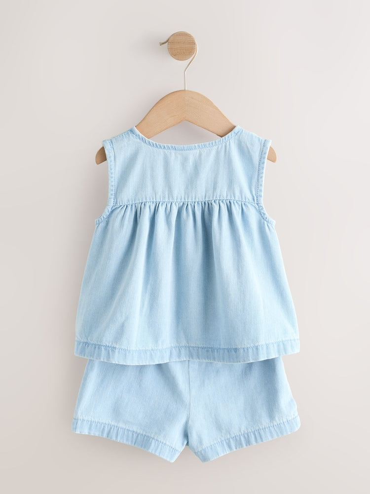 Strawberry Embroidered Denim Blouse And Short Co-ord Set (3mths-8yrs)
