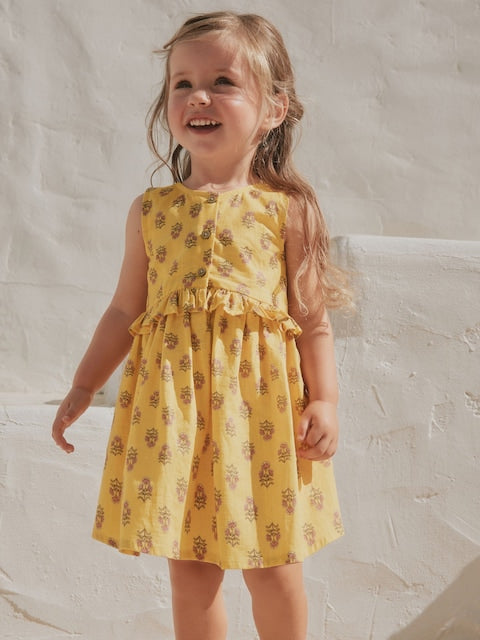 Yellow Woodblock Sleeveless Peplum Dress (3mths-8yrs)