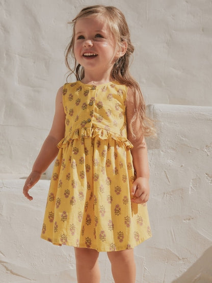 Yellow Woodblock Sleeveless Peplum Dress (3mths-8yrs)