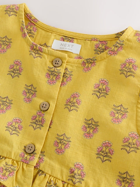Yellow Woodblock Sleeveless Peplum Dress (3mths-8yrs)