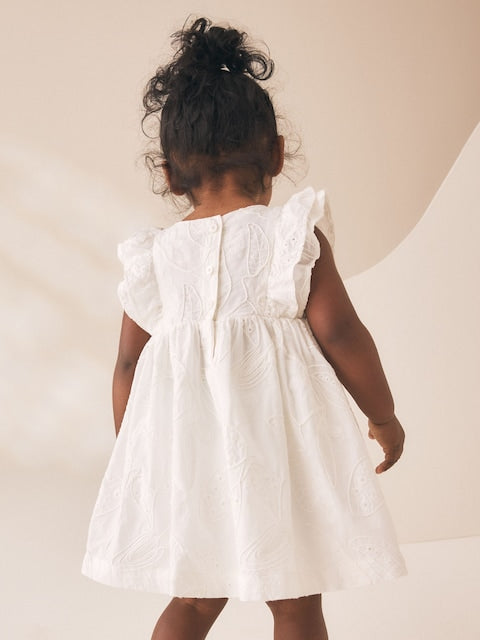 White Embroidered Linen Frill Sleeve Dress (3mths-8yrs)