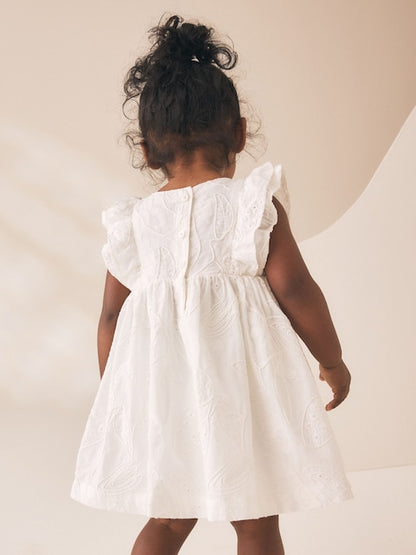 White Embroidered Linen Frill Sleeve Dress (3mths-8yrs)
