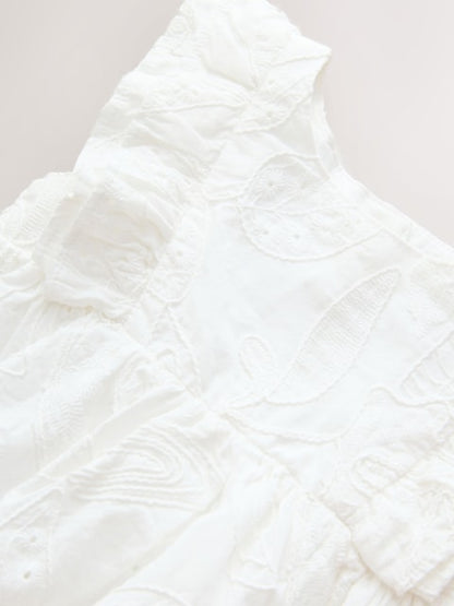 White Embroidered Linen Frill Sleeve Dress (3mths-8yrs)