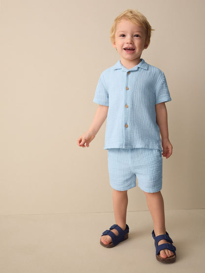 Light Blue Plain Short Sleeve Double Cloth Shirt &amp; Shorts Set (3mths-10yrs) - Size 3-6 Months (62-68cm) - Light Blue Plain