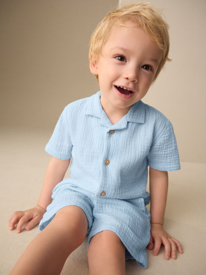 Light Blue Plain Short Sleeve Double Cloth Shirt &amp; Shorts Set (3mths-10yrs) - Size 3-6 Months (62-68cm)