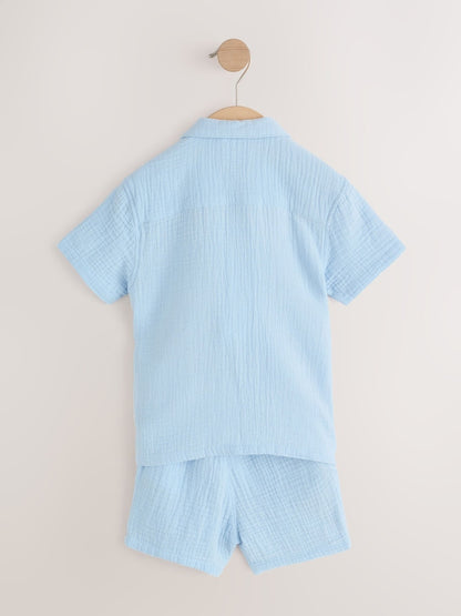 Light Blue Plain Short Sleeve Double Cloth Shirt &amp; Shorts Set (3mths-10yrs) - Size 3-6 Months (62-68cm)