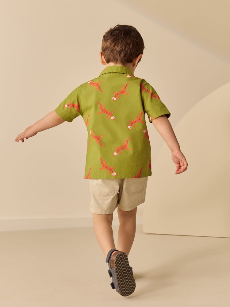 Green All Over Print Ghecko Short Sleeve Revere Collar Printed Shirt (3mths-7yrs)