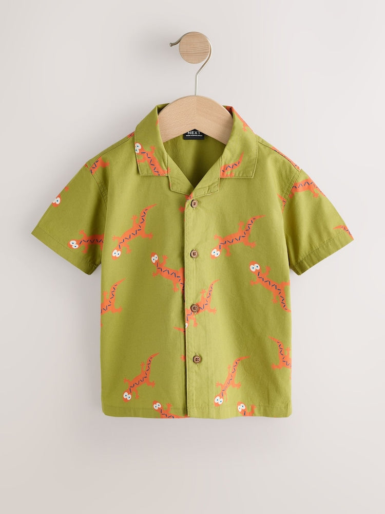 Green All Over Print Ghecko Short Sleeve Revere Collar Printed Shirt (3mths-7yrs)