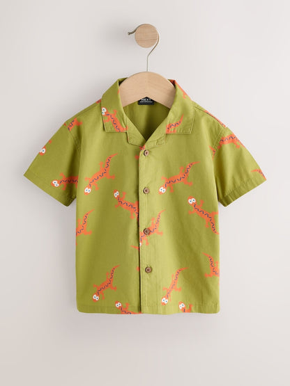Green All Over Print Ghecko Short Sleeve Revere Collar Printed Shirt (3mths-7yrs)