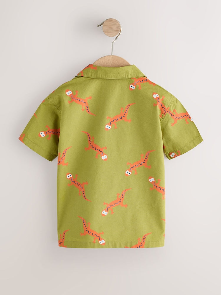 Green All Over Print Ghecko Short Sleeve Revere Collar Printed Shirt (3mths-7yrs)