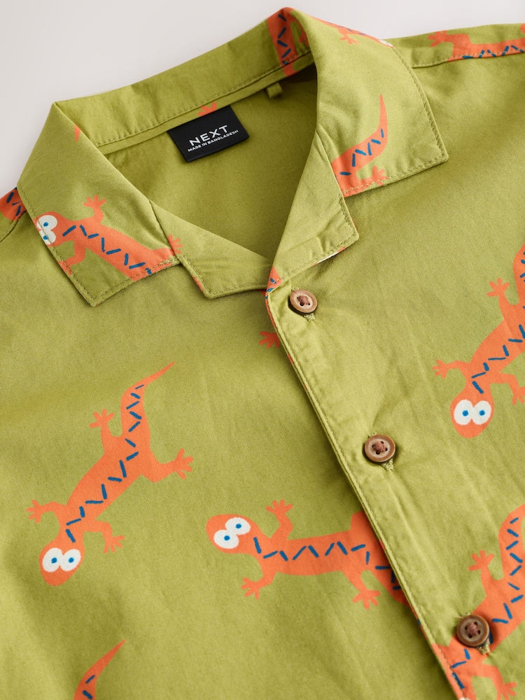 Green All Over Print Ghecko Short Sleeve Revere Collar Printed Shirt (3mths-7yrs)