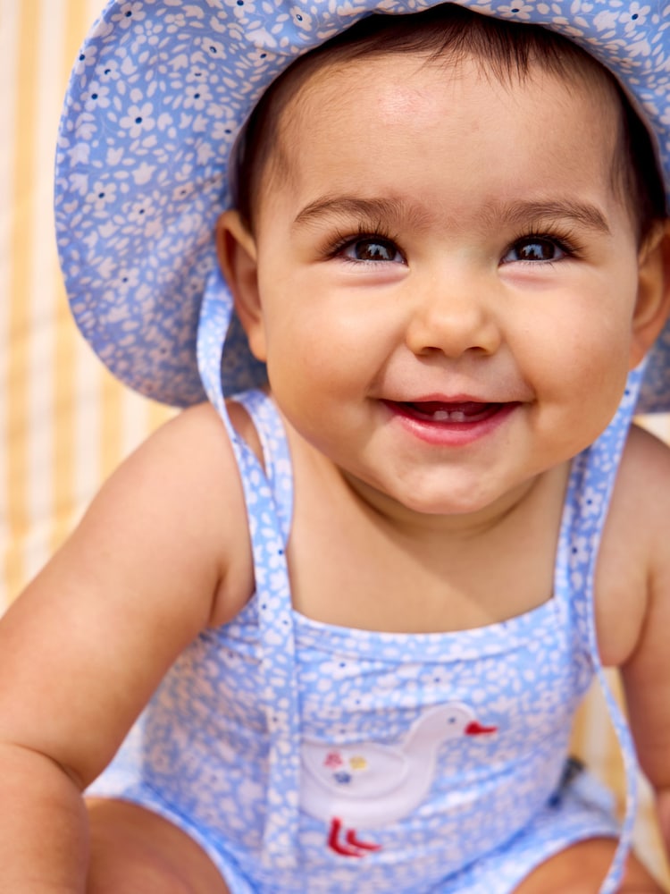 JoJo Maman Bébé Blue Ditsy Duck Appliqué Swimsuit With Integral Nappy - 6-12 Months (68-80cm)
