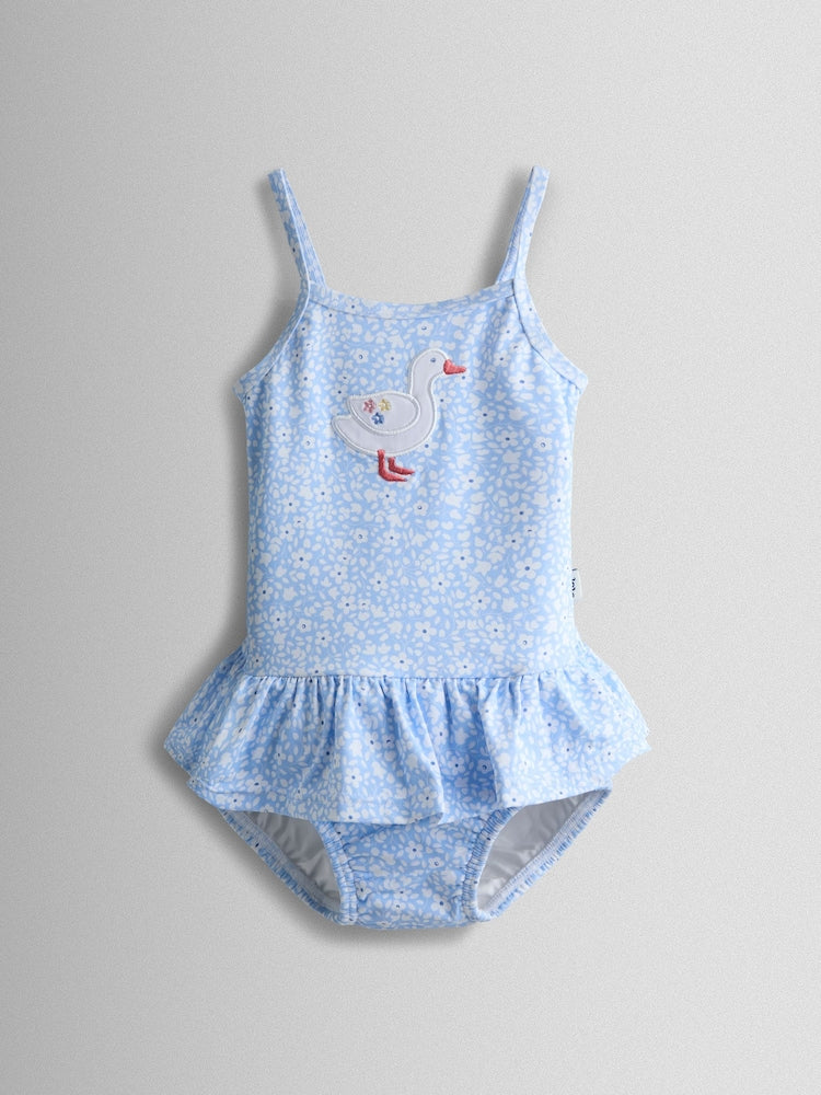 JoJo Maman Bébé Blue Ditsy Duck Appliqué Swimsuit With Integral Nappy