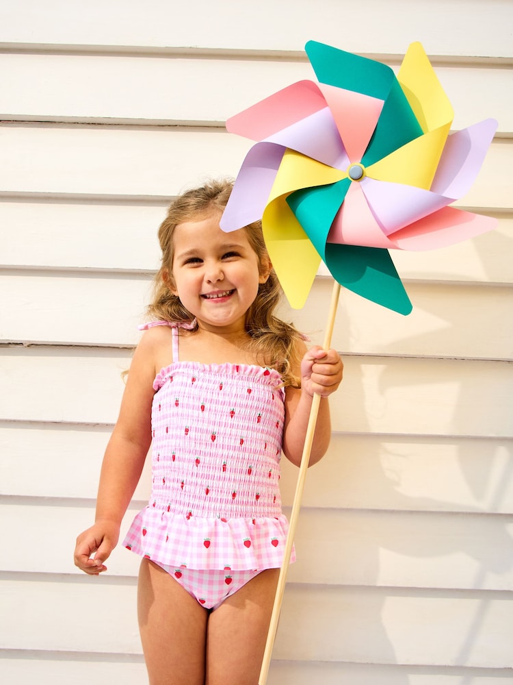 JoJo Maman Bébé Pink Cherry Gingham Shirred Tie Shoulder Swimsuit - Size 6-12 Months (68-80cm)