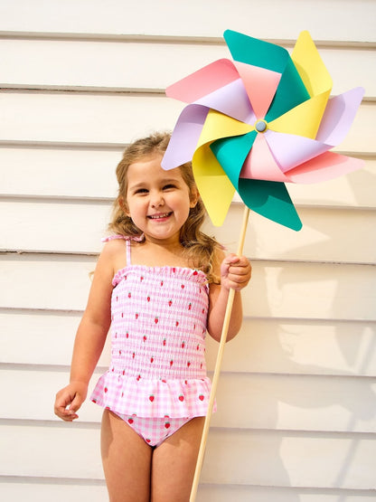 JoJo Maman Bébé Pink Cherry Gingham Shirred Tie Shoulder Swimsuit - Size 6-12 Months (68-80cm)
