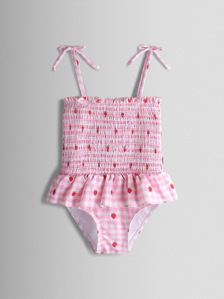 JoJo Maman Bébé Pink Cherry Gingham Shirred Tie Shoulder Swimsuit - Size 6-12 Months (68-80cm)