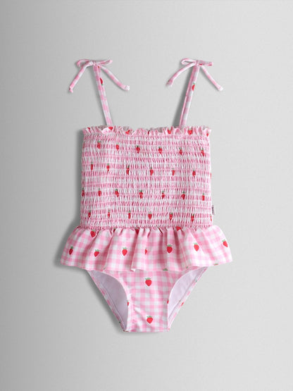 JoJo Maman Bébé Pink Cherry Gingham Shirred Tie Shoulder Swimsuit - Size 6-12 Months (68-80cm)