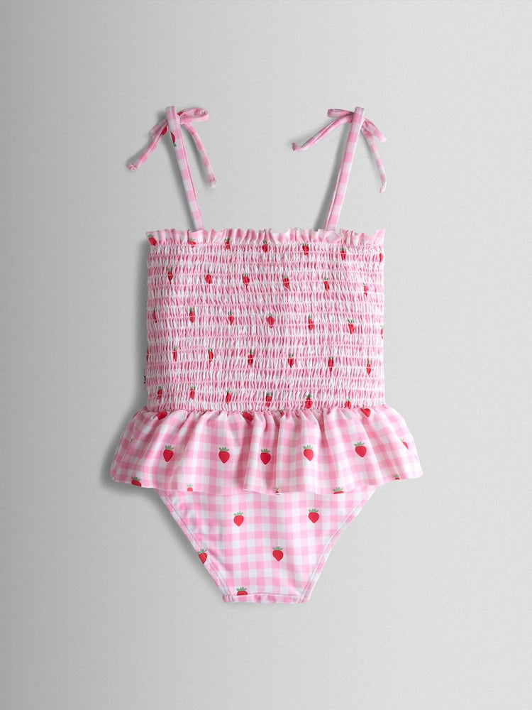 JoJo Maman Bébé Pink Cherry Gingham Shirred Tie Shoulder Swimsuit - Size 6-12 Months (68-80cm)