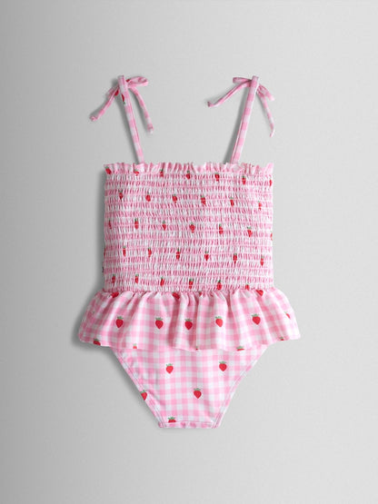 JoJo Maman Bébé Pink Cherry Gingham Shirred Tie Shoulder Swimsuit - Size 6-12 Months (68-80cm)