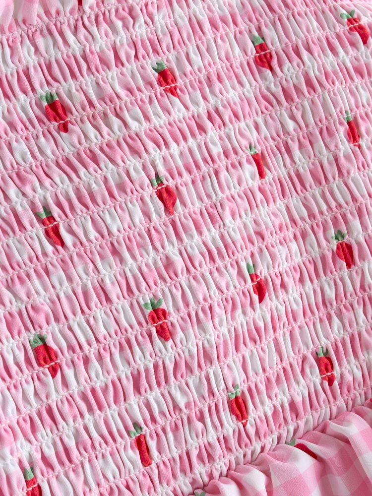 JoJo Maman Bébé Pink Cherry Gingham Shirred Tie Shoulder Swimsuit - Size 6-12 Months (68-80cm)