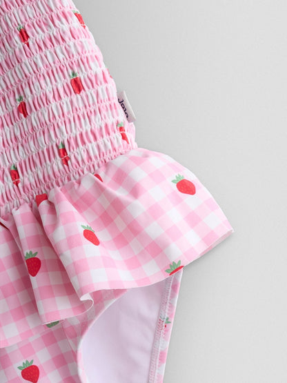 JoJo Maman Bébé Pink Cherry Gingham Shirred Tie Shoulder Swimsuit - Size 6-12 Months (68-80cm)