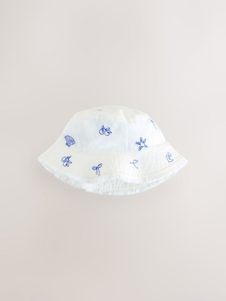 White/Blue Embroidery Bucket Hat (3mths-16yrs) - 7-10 Years (122-140cm)
