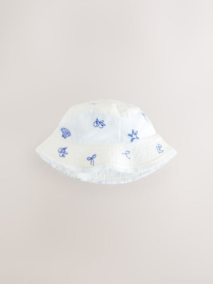 White/Blue Embroidery Bucket Hat (3mths-16yrs) - 7-10 Years (122-140cm)