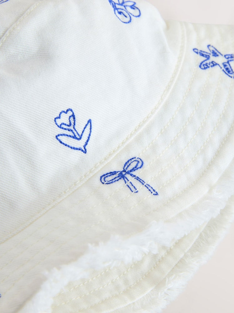 White/Blue Embroidery Bucket Hat (3mths-16yrs)
