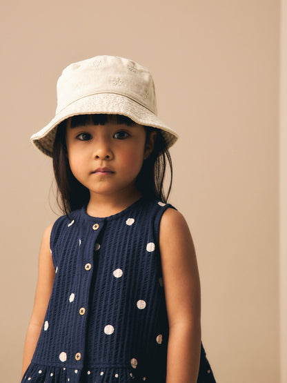 Stone/Cream Laser Cut Embroidery Bucket Hat (3mths-16yrs) - Size 3-9 Months (62-74cm)