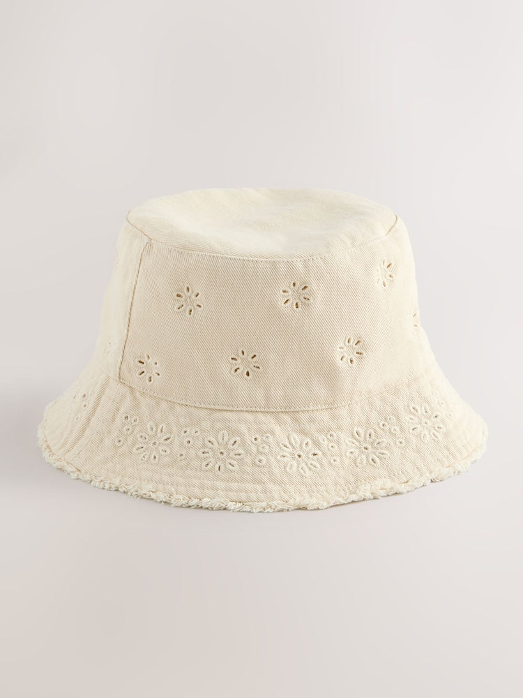 Stone/Cream Laser Cut Embroidery Bucket Hat (3mths-16yrs) - Size 3-9 Months (62-74cm)