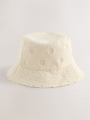 Stone/Cream Laser Cut Embroidery Bucket Hat (3mths-16yrs) - Size 3-9 Months (62-74cm)