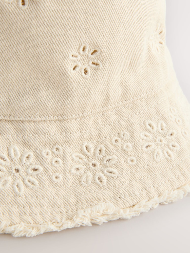 Stone/Cream Laser Cut Embroidery Bucket Hat (3mths-16yrs) - Size 3-9 Months (62-74cm)