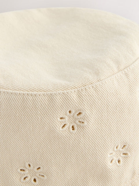 Stone/Cream Laser Cut Embroidery Bucket Hat (3mths-16yrs) - Size 3-9 Months (62-74cm)